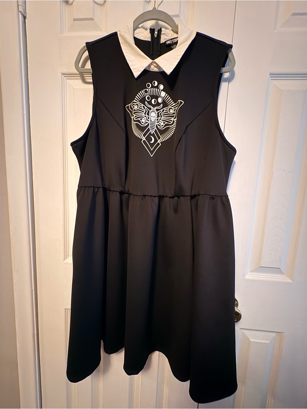 Sleeveless Black Dress with White Collar with Moon and Moth print